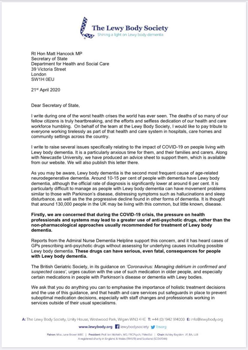 Letter to Health Secretary - impact of COVID-20 on people living Letter to Health Secretary - impact of COVID-20 on people living
