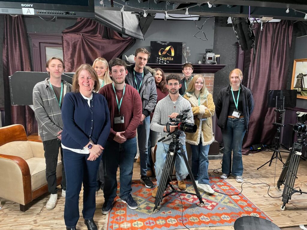 Jacqui Cannon on set with the students from UCA to film the Lewy Body dementia commercial