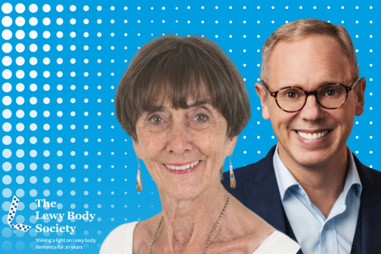Our two patrons June Brown and Rob Rinder on a blue background with white dots