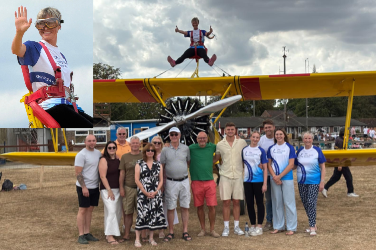 CLAIRE TERRY AND SUPPPORTERS AT HER WING WALK FOR LEWY BODY SOCIETY
